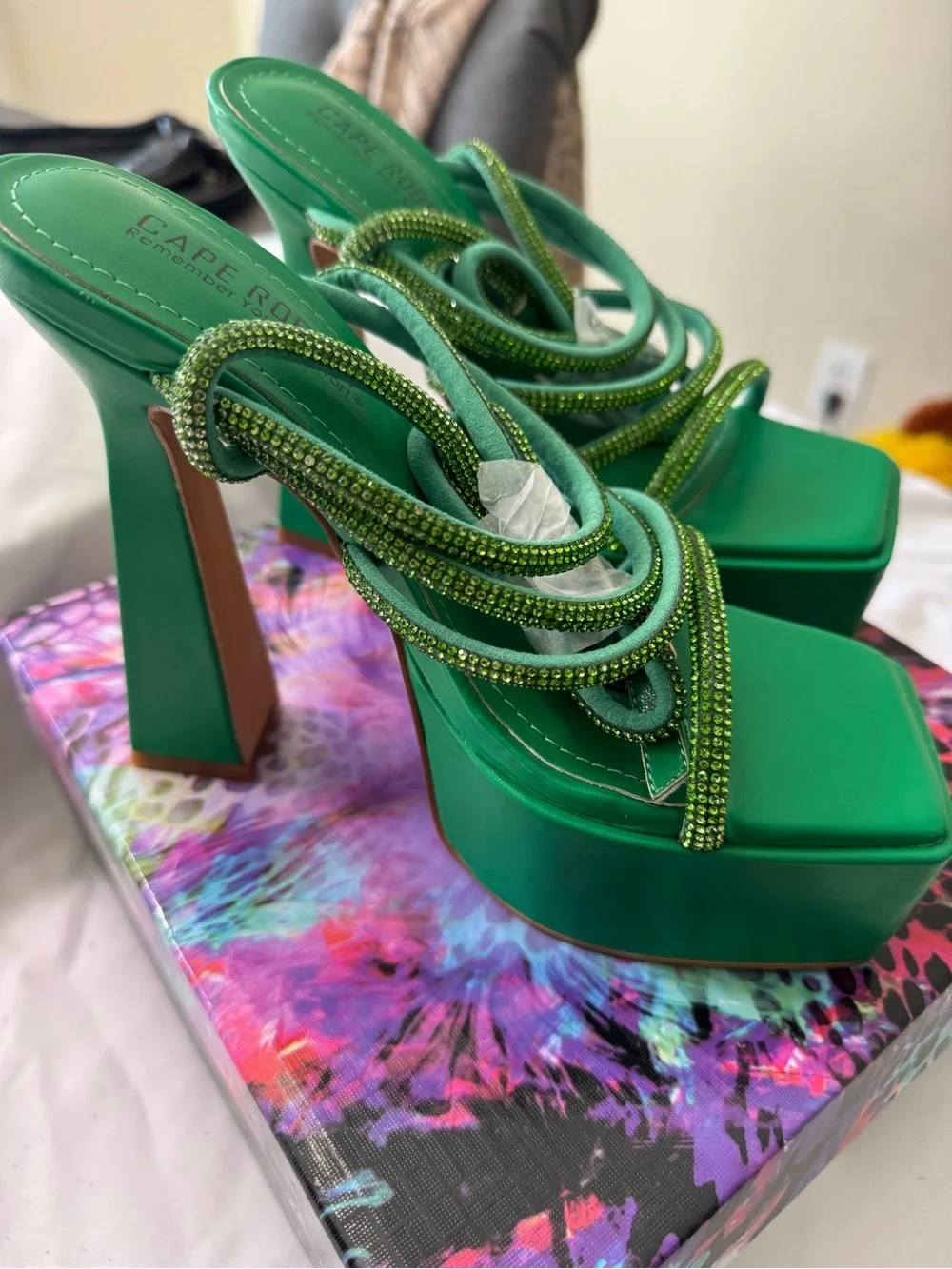 Cape Robbin Green Crystal-Strap Platform Heels
